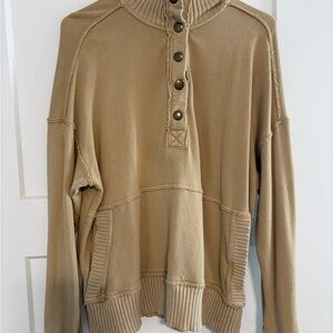 Classic Tan Pullover Snap-Front Sweater